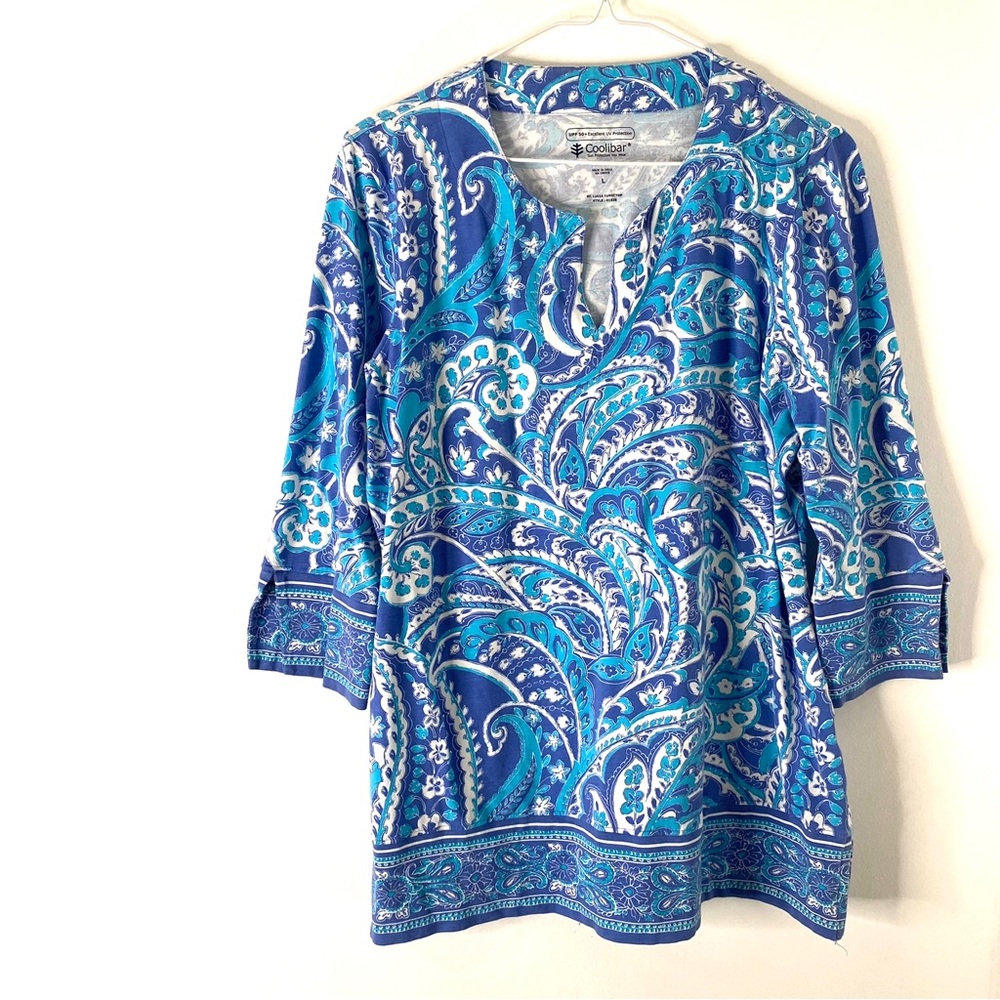 Coolibar Light Blue White Paisley Long Sleeve Tunic Top UPF 50+ Sun Protection